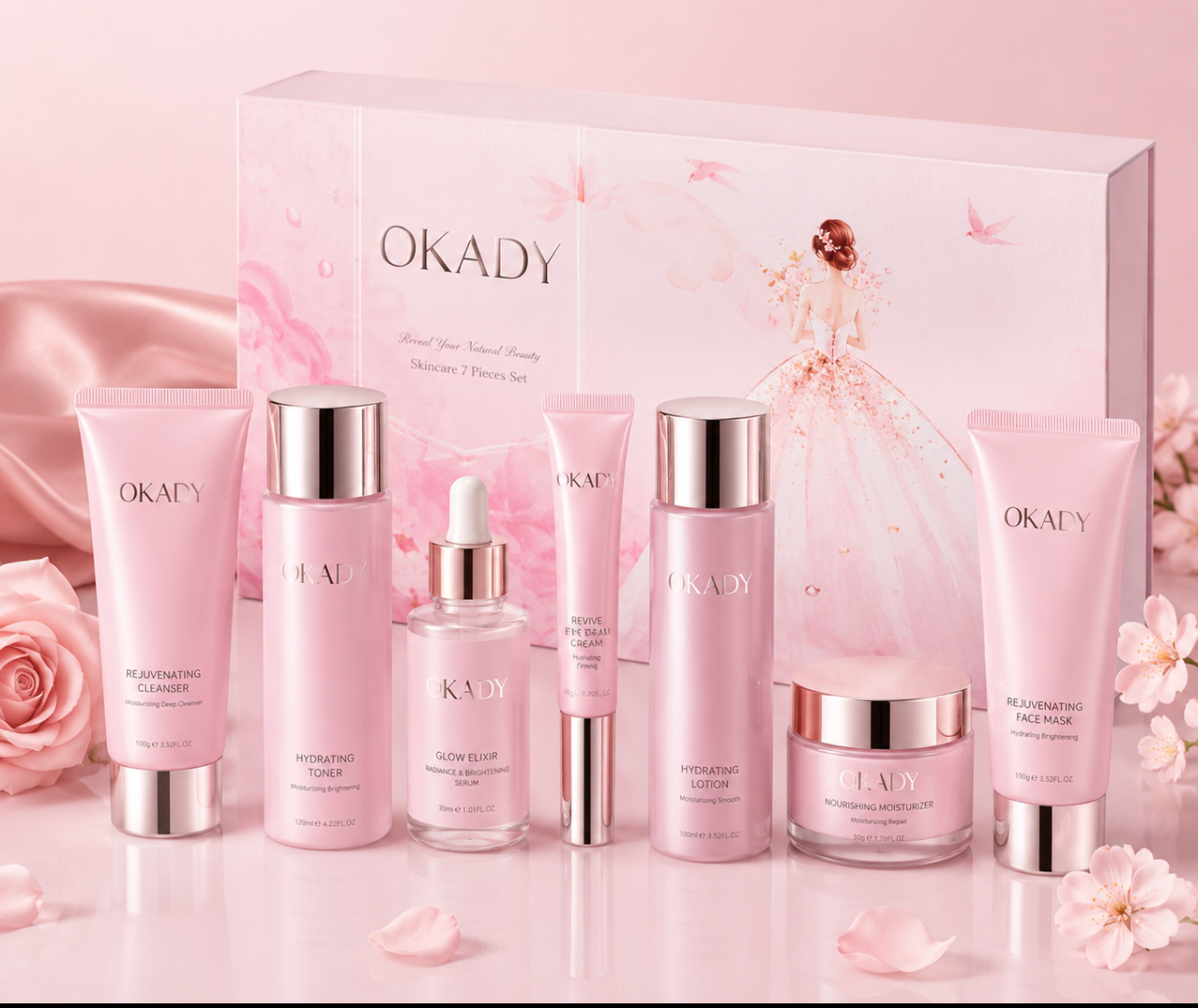 OKADY skincare product set with bottles and containers on a pink background